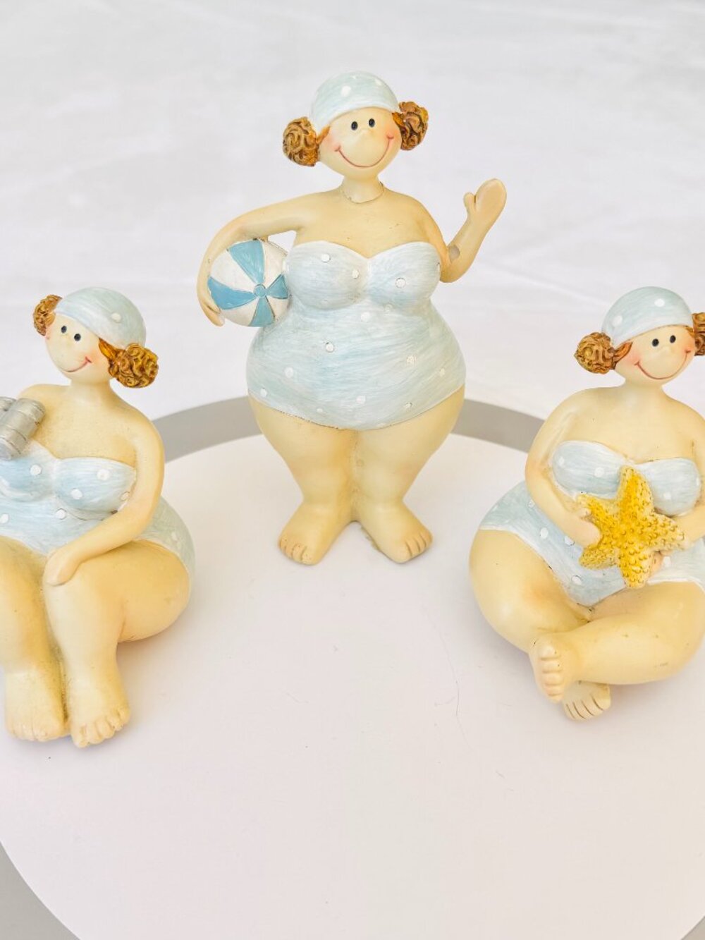 Curvy Beach Lady Resin Figurine Statue Set 3 Polka Dot Pastel Blue Swimsuit READ
